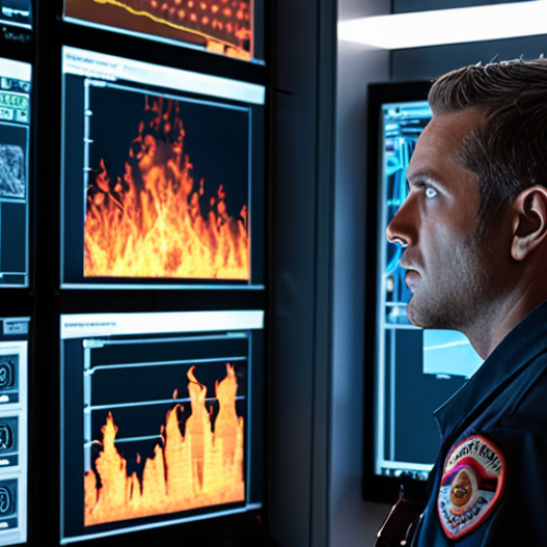 A cinematic, highly detailed image of a modern fire safety control room. A focused fire safety technician, mid-shot, is intensely observing multiple large, high-tech screens displaying complex building schematics, real-time sensor data, and flashing alert indicators. The atmosphere is concentrated and professional, emphasizing the unseen pressure and expertise behind managing a building's "lifeline." Subtle glow from the screens illuminates the technician's determined face.