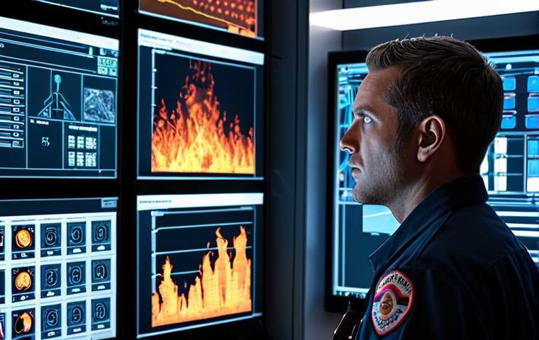 A cinematic, highly detailed image of a modern fire safety control room. A focused fire safety technician, mid-shot, is intensely observing multiple large, high-tech screens displaying complex building schematics, real-time sensor data, and flashing alert indicators. The atmosphere is concentrated and professional, emphasizing the unseen pressure and expertise behind managing a building's "lifeline." Subtle glow from the screens illuminates the technician's determined face.