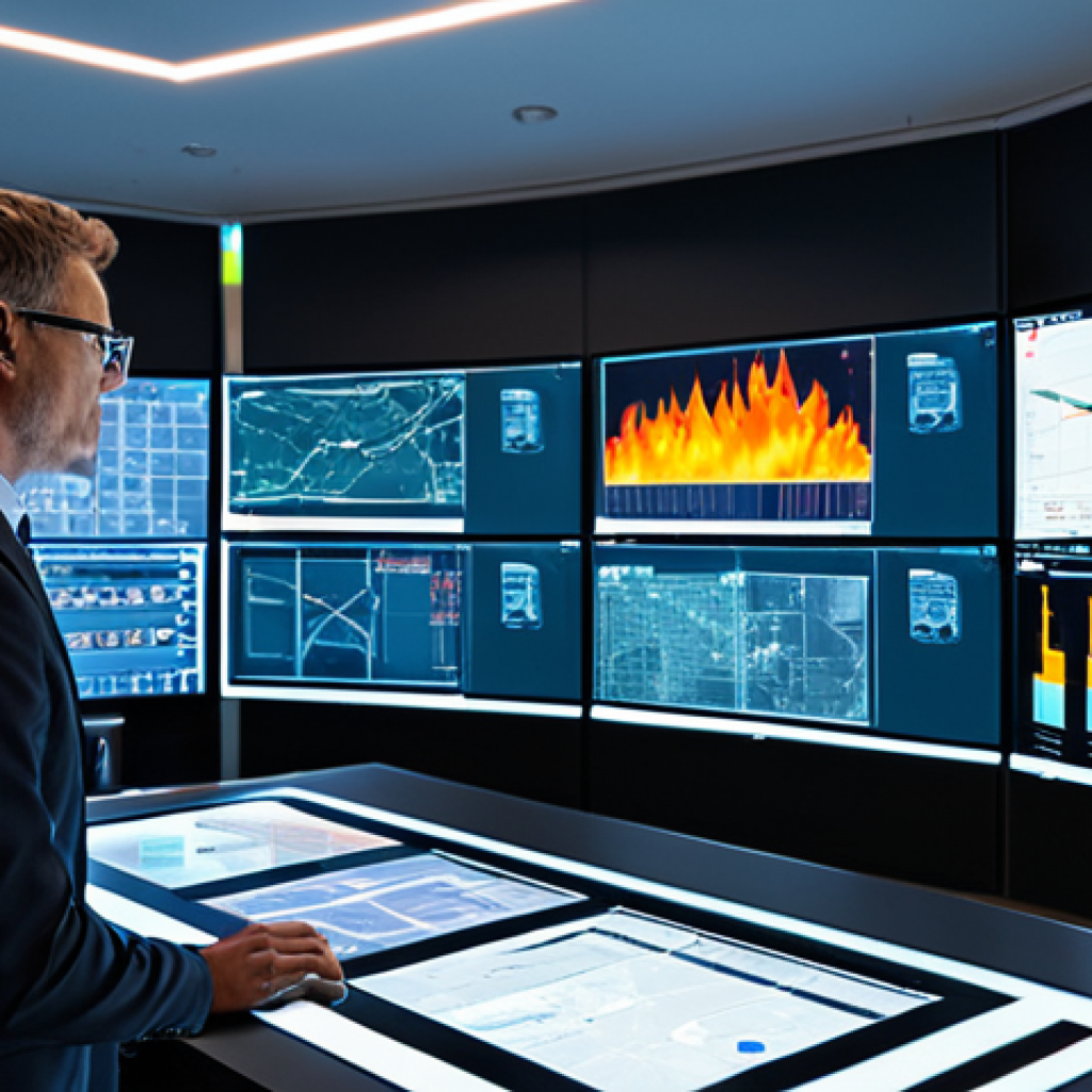 A professional fire safety manager, fully clothed in a modest business suit, stands in a sophisticated, modern control room. Large multi-panel screens behind them display real-time data visualizations of building schematics, AI-driven risk prediction models, and drone surveillance footage. The manager interacts with a holographic interface on a clean desk, with perfect anatomy, correct proportions, and well-formed hands. The scene represents advanced technology in fire prevention. safe for work, appropriate content, professional, natural pose, proper finger count, natural body proportions, high-quality professional photography.