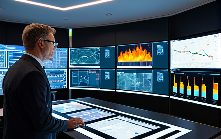 A professional fire safety manager, fully clothed in a modest business suit, stands in a sophisticated, modern control room. Large multi-panel screens behind them display real-time data visualizations of building schematics, AI-driven risk prediction models, and drone surveillance footage. The manager interacts with a holographic interface on a clean desk, with perfect anatomy, correct proportions, and well-formed hands. The scene represents advanced technology in fire prevention. safe for work, appropriate content, professional, natural pose, proper finger count, natural body proportions, high-quality professional photography.