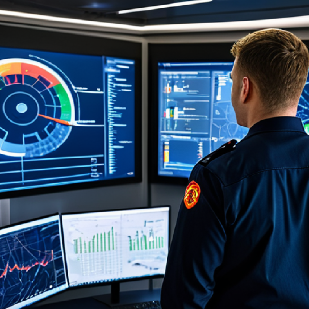 A professional male fire safety management technician in a modest, dark blue uniform stands confidently in a futuristic fire safety control center. He is intently viewing a large transparent display showing real-time data visualizations of smart building sensors, temperature maps, and AI-predicted risk zones. The background features sleek, modern workstations with multiple monitors displaying complex data streams and IoT network diagrams, all illuminated by bright, technical lighting. The atmosphere is one of advanced technology and focused professionalism. fully clothed, appropriate attire, professional dress, safe for work, appropriate content, professional, perfect anatomy, correct proportions, natural pose, well-formed hands, proper finger count, natural body proportions, high-quality, ultra-detailed.