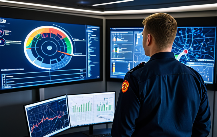 A professional male fire safety management technician in a modest, dark blue uniform stands confidently in a futuristic fire safety control center. He is intently viewing a large transparent display showing real-time data visualizations of smart building sensors, temperature maps, and AI-predicted risk zones. The background features sleek, modern workstations with multiple monitors displaying complex data streams and IoT network diagrams, all illuminated by bright, technical lighting. The atmosphere is one of advanced technology and focused professionalism. fully clothed, appropriate attire, professional dress, safe for work, appropriate content, professional, perfect anatomy, correct proportions, natural pose, well-formed hands, proper finger count, natural body proportions, high-quality, ultra-detailed.