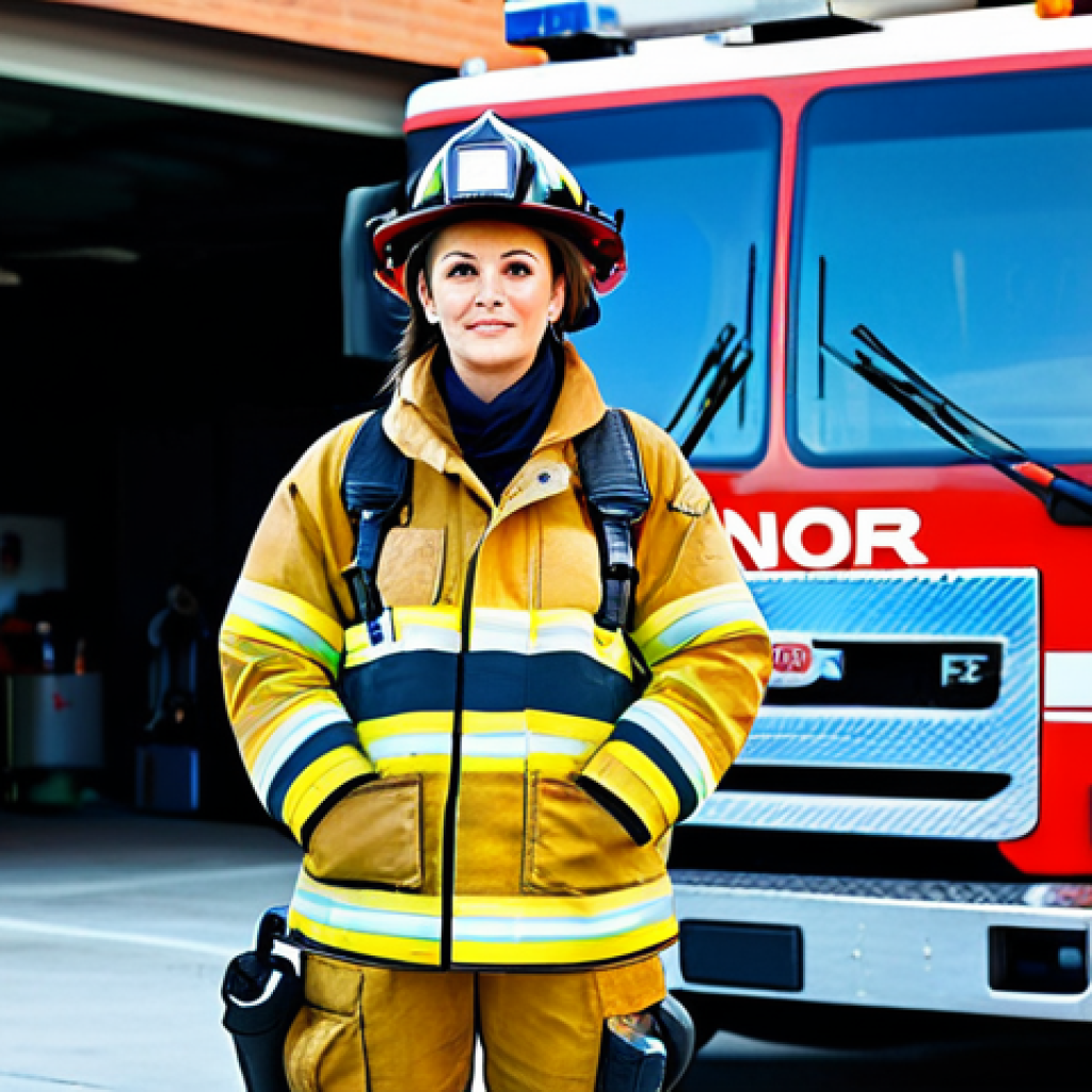 **
"A professional female firefighter in full turnout gear, standing confidently in front of a modern fire engine. The scene is at a fire station with a bright, sunny day. Fully clothed, appropriate attire, safe for work, perfect anatomy, natural proportions, professional photography, high quality, family-friendly."
**