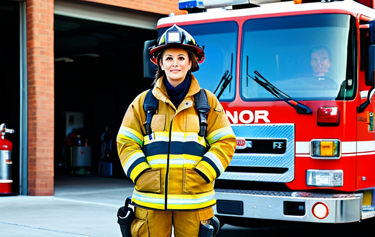 **

"A professional female firefighter in full turnout gear, standing confidently in front of a modern fire engine. The scene is at a fire station with a bright, sunny day. Fully clothed, appropriate attire, safe for work, perfect anatomy, natural proportions, professional photography, high quality, family-friendly."

**