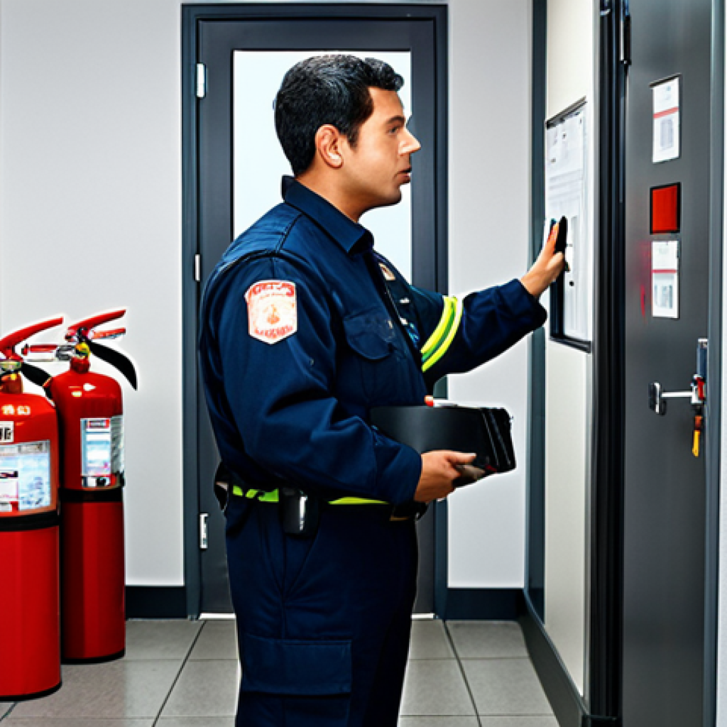 Fire Safety Inspection**
"A fire safety professional, fully clothed in a modest uniform, conducting an inspection of a business. Visible are fire extinguishers, sprinkler systems, and emergency exit signs. The environment is a clean, well-maintained commercial space. Professional lighting, high resolution, perfect anatomy, correct proportions, safe for work, appropriate content, family-friendly."
**