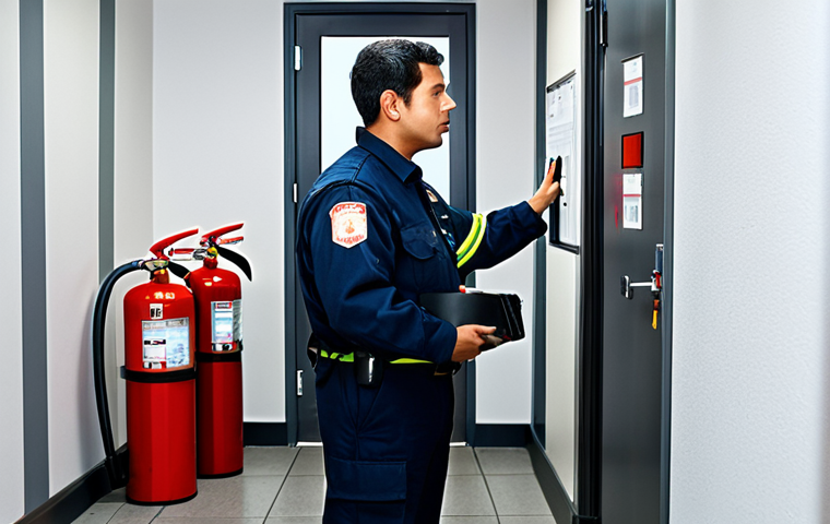 Fire Safety Inspection**

"A fire safety professional, fully clothed in a modest uniform, conducting an inspection of a business. Visible are fire extinguishers, sprinkler systems, and emergency exit signs. The environment is a clean, well-maintained commercial space. Professional lighting, high resolution, perfect anatomy, correct proportions, safe for work, appropriate content, family-friendly."

**