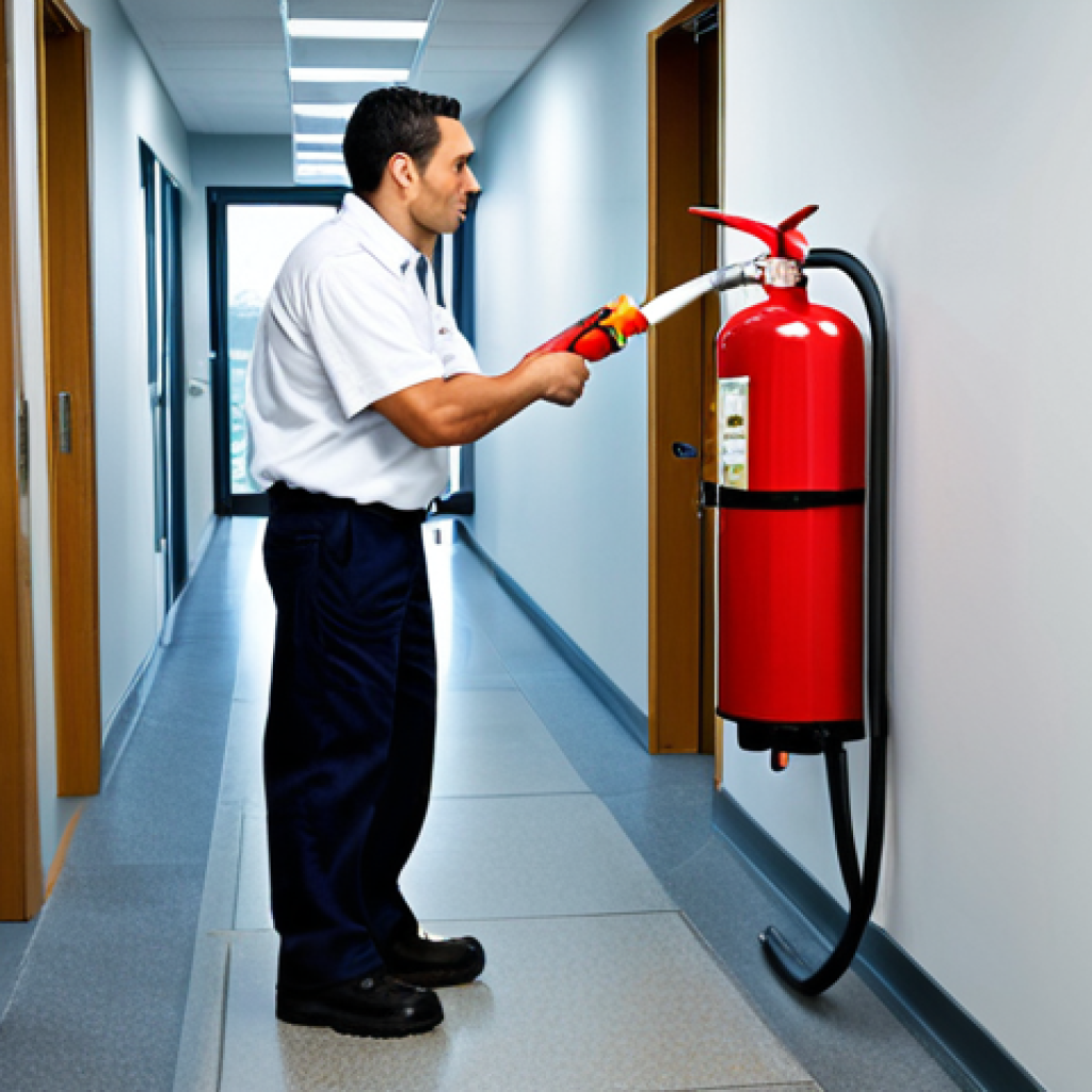 **
"A professional fire safety technician, fully clothed in appropriate work attire, inspecting a fire extinguisher in a modern office building. Background includes a well-maintained hallway with visible fire safety signage. Perfect anatomy, correct proportions, natural pose, safe for work, appropriate content, professional, modest, family-friendly, well-formed hands, proper finger count, natural body proportions, high quality."
**