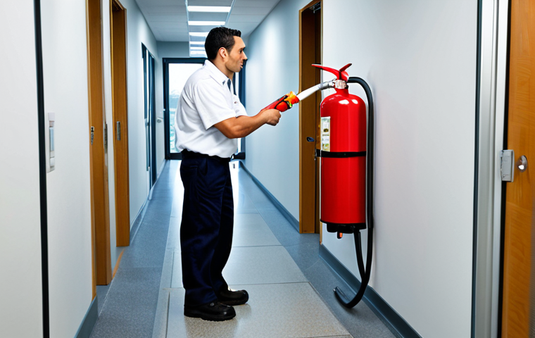 **

"A professional fire safety technician, fully clothed in appropriate work attire, inspecting a fire extinguisher in a modern office building. Background includes a well-maintained hallway with visible fire safety signage. Perfect anatomy, correct proportions, natural pose, safe for work, appropriate content, professional, modest, family-friendly, well-formed hands, proper finger count, natural body proportions, high quality."

**