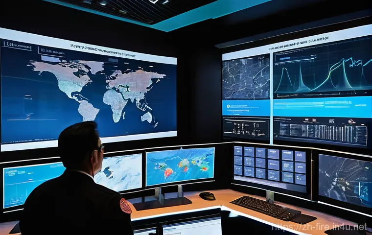 화재안전관리 실무에서 중요한 기술적 변화 - **A futuristic smart fire safety command center.** The scene is brightly lit and features multiple l...