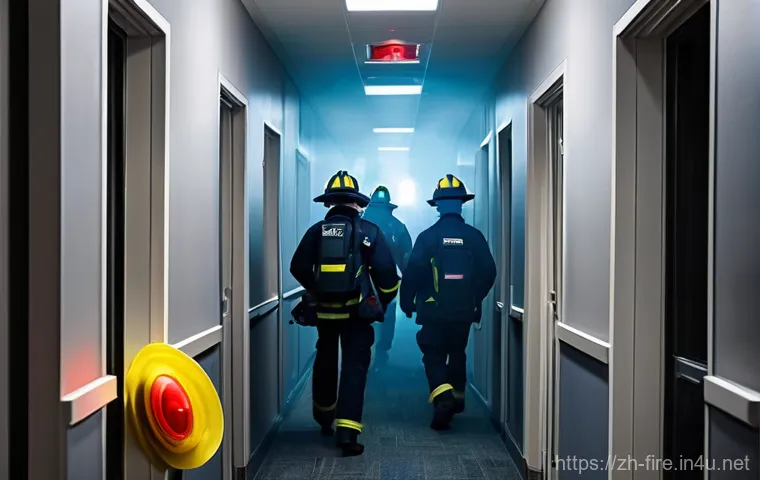 화재안전관리 실무에서의 문제 해결 전략 - **Prompt:** A detailed image depicting a fire safety inspector in a dimly lit, slightly cluttered ol...