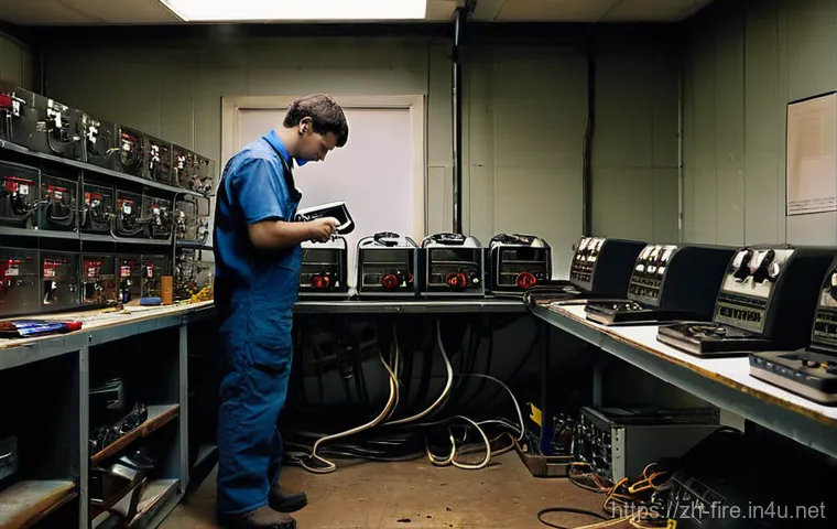 화재안전관리 직무에서 자주 발생하는 실수 - **Prompt 1: Perfunctory Safety Check and Electrical Overload**
    "A candid, slightly desaturated w...