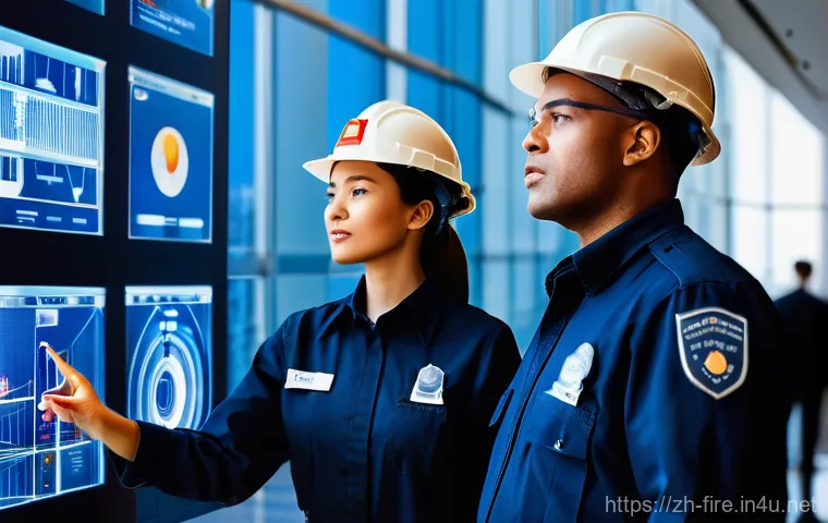 화재안전관리 기술자의 고용 안정성 분석 - **Prompt:** A diverse group of male and female fire safety engineers, dressed in clean, professional...