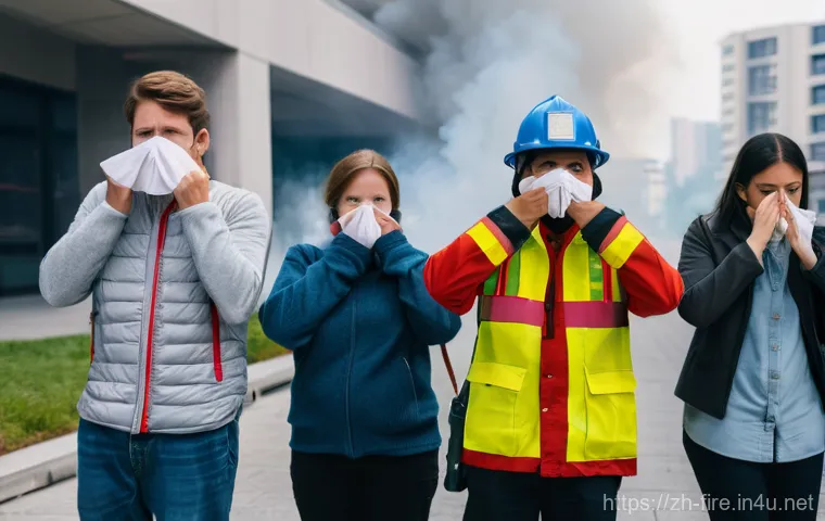 화재안전관리 실무에서의 문제 해결 방법 - **Prompt:** A diverse group of people, including adults and teenagers, calmly and orderly evacuating...