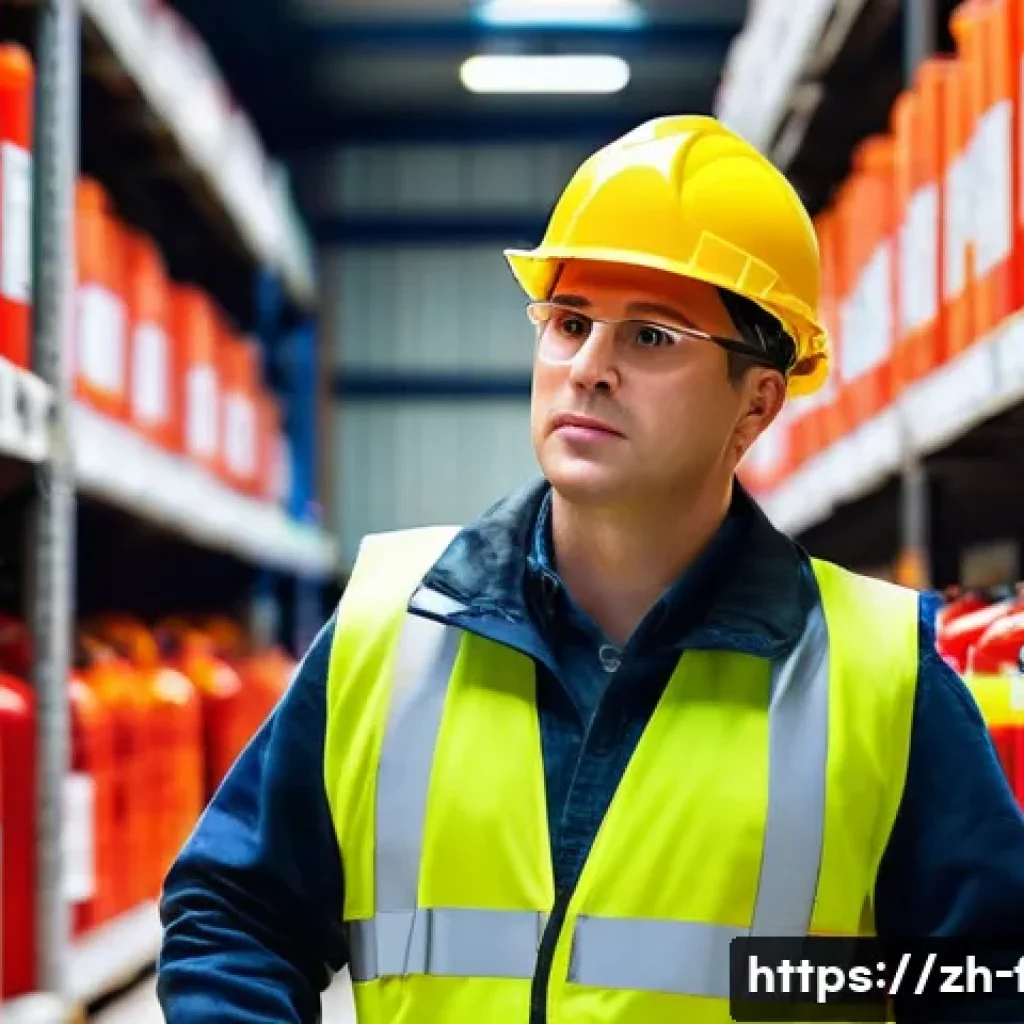 화재안전관리 직무에서의 책임과 의무 - A modern industrial fire safety inspection scene inside a large warehouse, showing a safety inspecto...