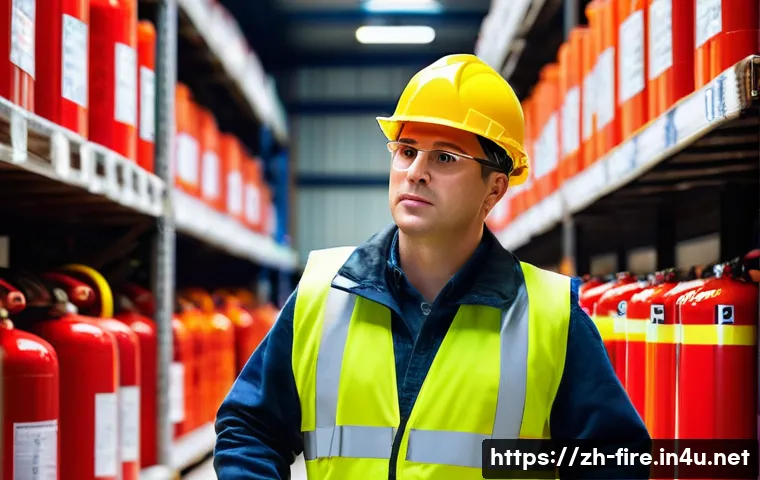 화재안전관리 직무에서의 책임과 의무 - A modern industrial fire safety inspection scene inside a large warehouse, showing a safety inspecto...