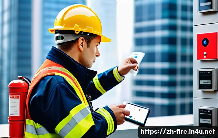 화재안전관리기술자의 국가별 연봉 비교 - A professional fire safety management technician inspecting a modern high-rise building&rsquo;s fire alarm...