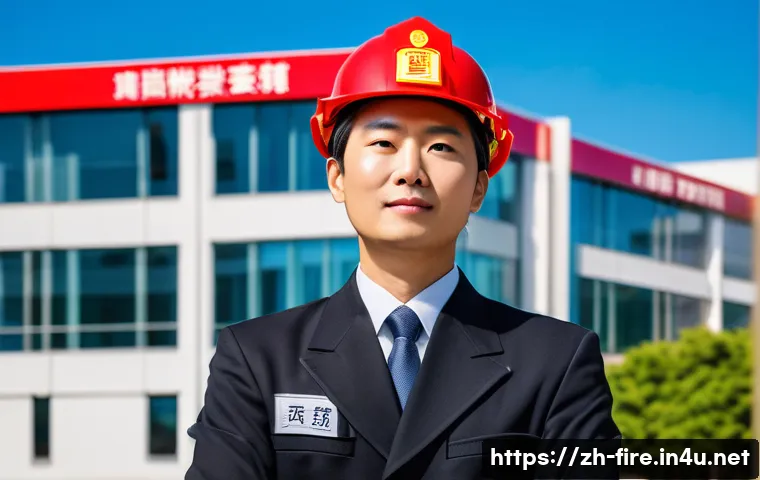 화재안전관리기술자에게 필요한 자격증 리스트 - A professional fire safety manager wearing a formal uniform with visible fire safety insignia, stand...