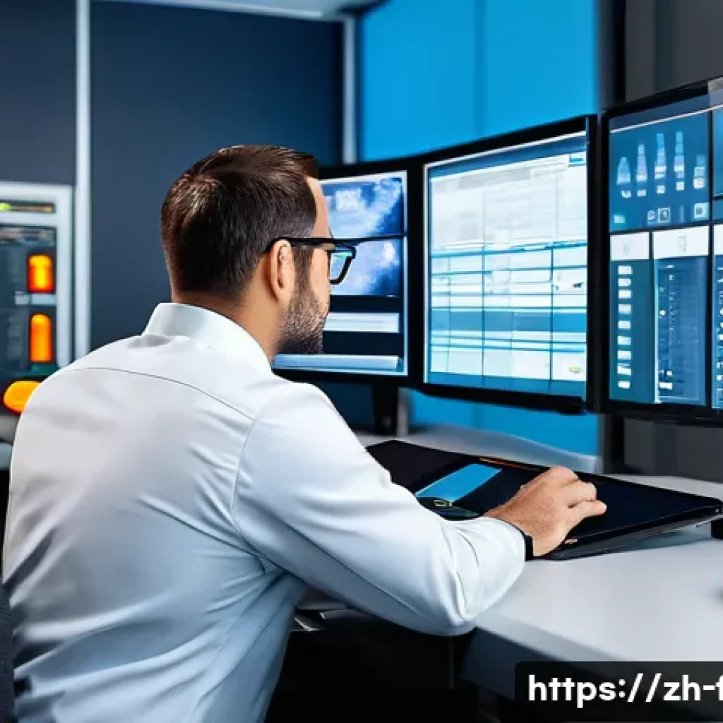 화재안전관리 기술자 직무 스트레스 관리법 - A focused fire safety management technician in a modern monitoring room filled with multiple screens...
