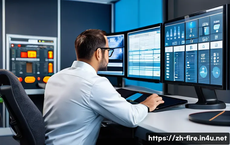 화재안전관리 기술자 직무 스트레스 관리법 - A focused fire safety management technician in a modern monitoring room filled with multiple screens...