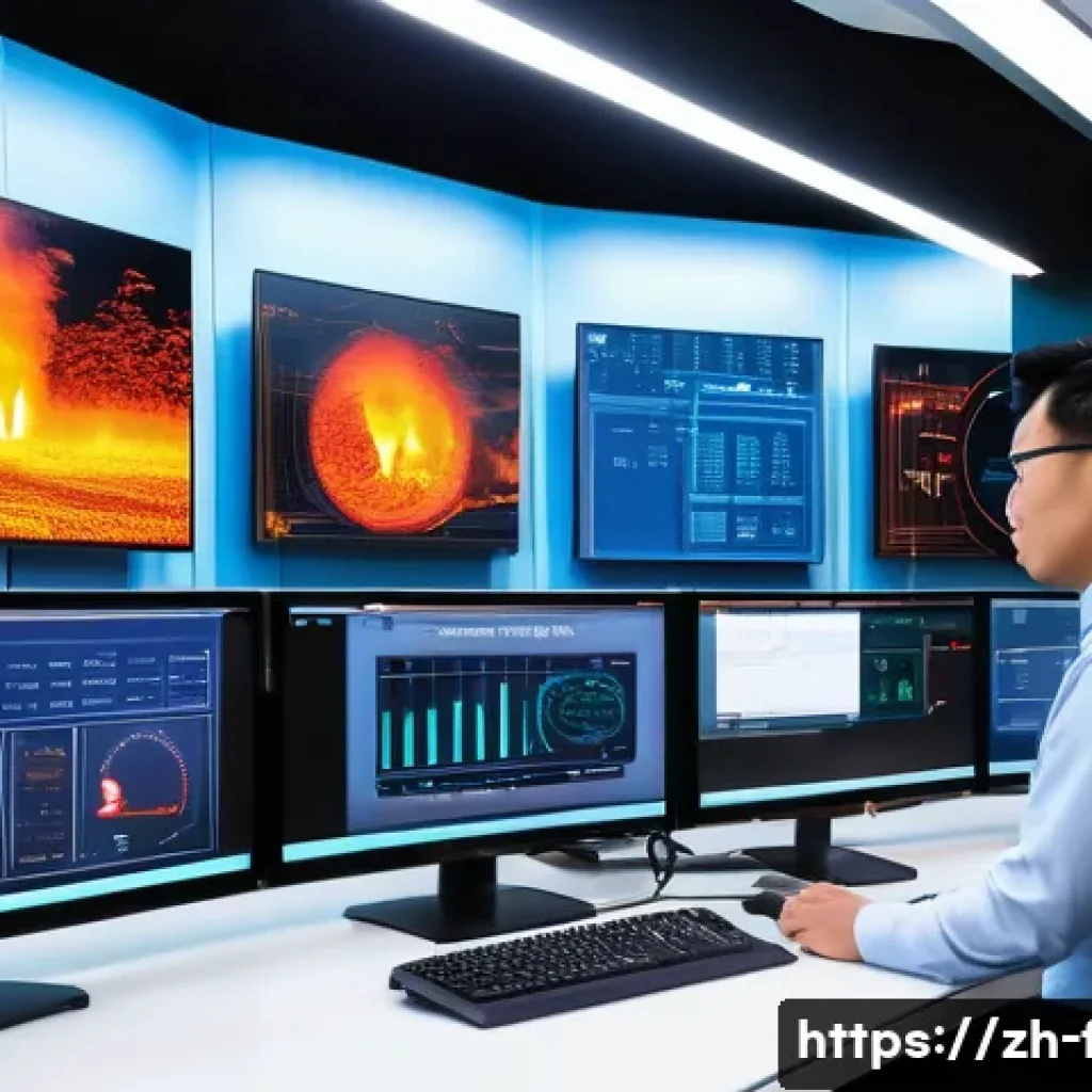 화재안전관리 실무와 관련된 최신 기술 트렌드 - A high-tech fire monitoring control room showcasing a large digital dashboard integrating multi-sens...