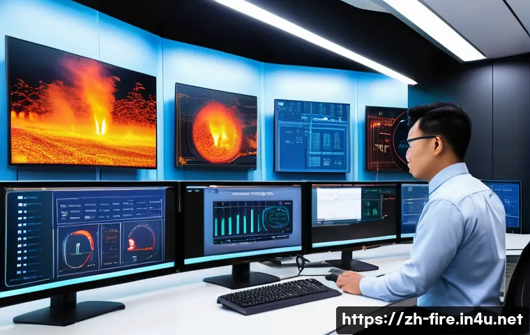 화재안전관리 실무와 관련된 최신 기술 트렌드 - A high-tech fire monitoring control room showcasing a large digital dashboard integrating multi-sens...