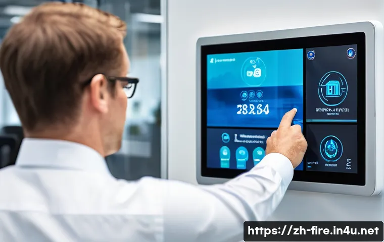 화재안전관리 실무와 관련된 최신 기술 동향 - A modern office building interior equipped with an advanced multi-sensor fire detection system, feat...