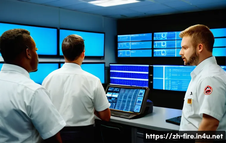 화재안전관리 실무에서의 효율적인 시간 관리법 - A modern fire safety control room with a diverse team of professionals monitoring multiple large dig...