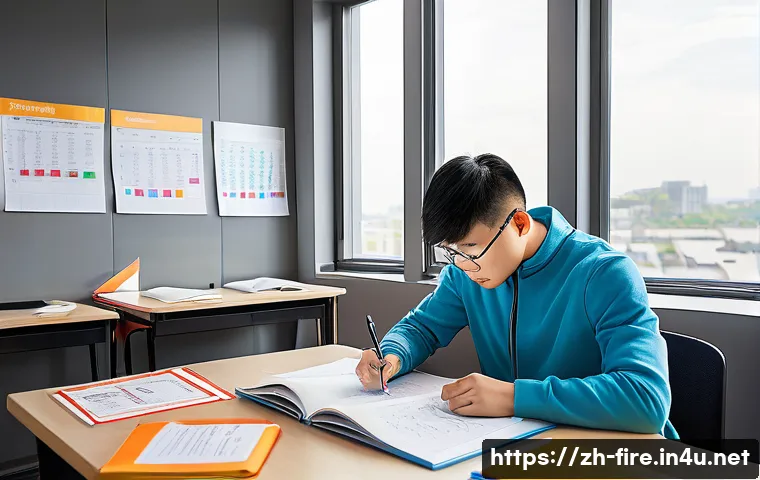 화재안전관리 기술자의 시험 준비 요령 - A modern study room scene focused on a young Chinese adult studying for a fire safety management tec...