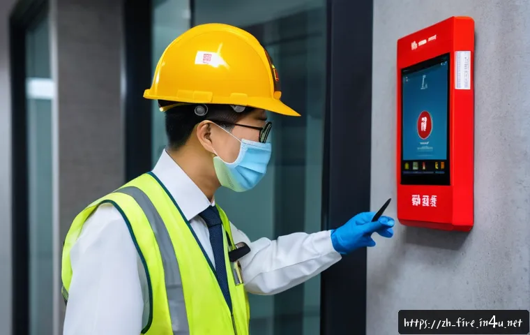 화재안전관리 직무 인터뷰 모음 - A detailed scene of a professional fire safety inspector conducting a daily fire safety patrol insid...