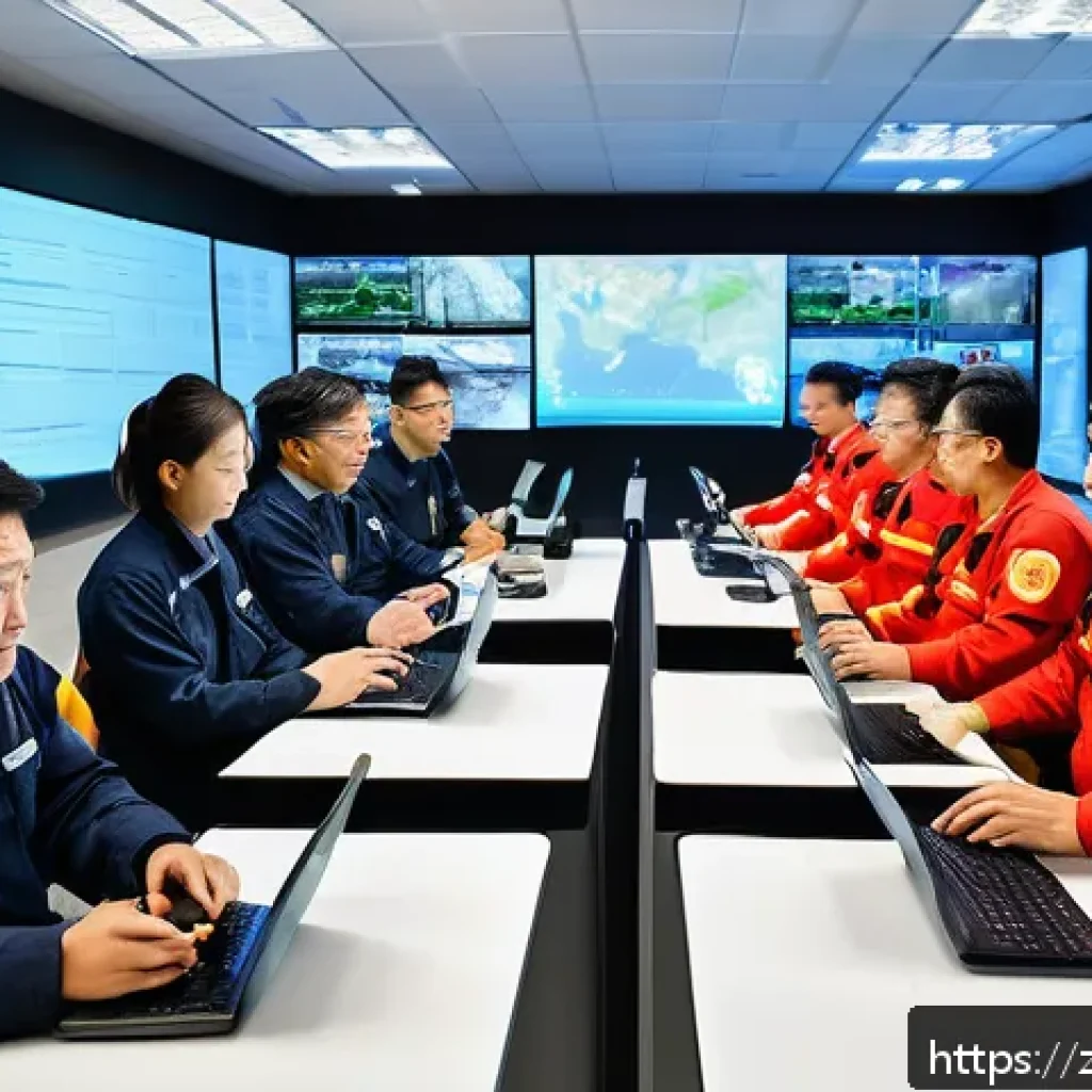 화재안전관리 실무에서의 팀워크 및 협력 사례 - A high-tech urban fire emergency command center scene, showing a diverse team of firefighters and em...