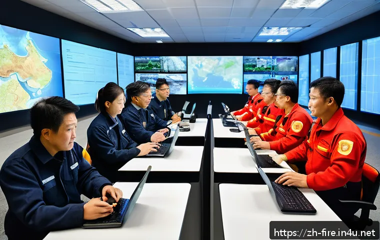 화재안전관리 실무에서의 팀워크 및 협력 사례 - A high-tech urban fire emergency command center scene, showing a diverse team of firefighters and em...