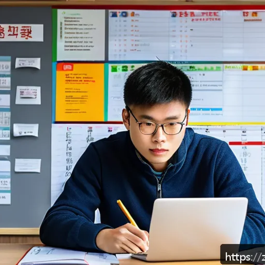 화재안전관리기술자 시험 준비를 위한 공부법 - A modern study room scene showing a young Chinese professional in casual attire sitting at a desk wi...