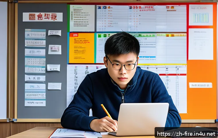 화재안전관리기술자 시험 준비를 위한 공부법 - A modern study room scene showing a young Chinese professional in casual attire sitting at a desk wi...