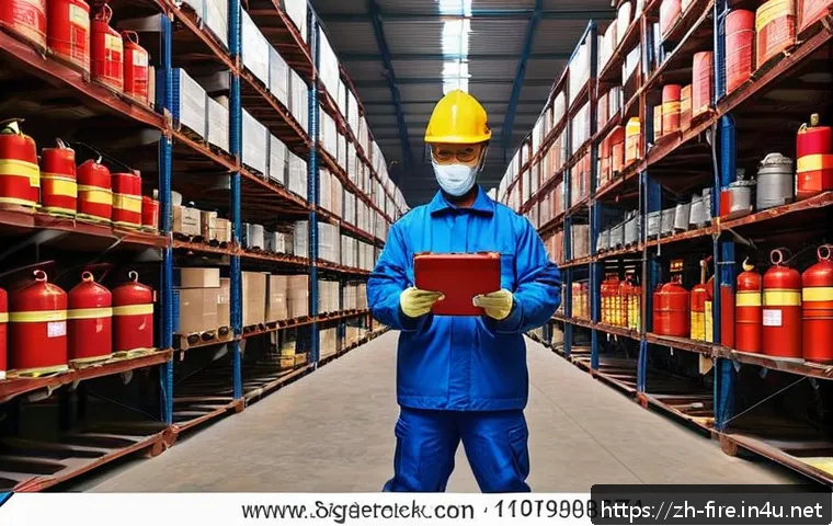 화재안전관리 실무에서의 위험요소 평가 방법 - A modern industrial warehouse environment showing meticulous fire hazard inspection: an inspector we...