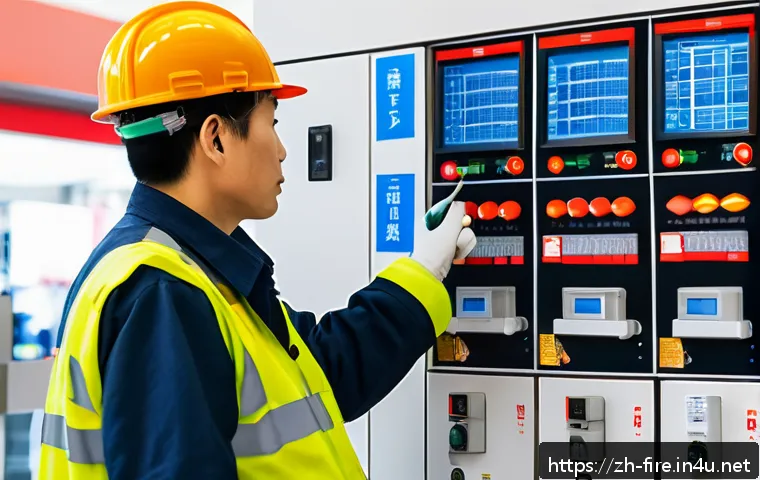 화재안전관리기술자의 주요 업무 소개 - A professional fire safety technician conducting a detailed risk assessment inside a modern, crowded...
