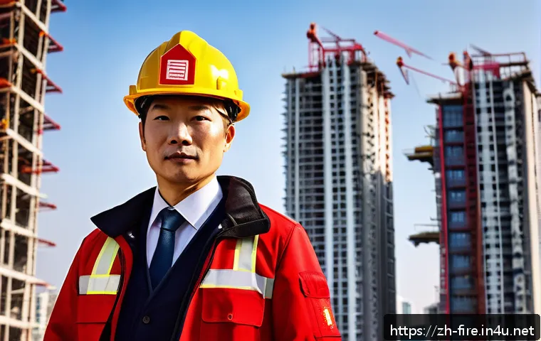 화재안전관리 자격증의 장점과 단점 - A professional fire safety manager wearing a formal uniform with safety badges, standing confidently...