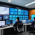 화재안전관리 실무에서 중요한 기술적 발전 - A modern commercial complex fire monitoring control room filled with advanced intelligent sensors, s...