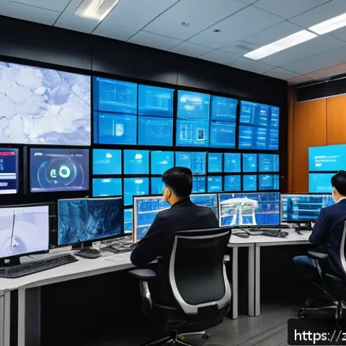 화재안전관리 실무에서 중요한 기술적 발전 - A modern commercial complex fire monitoring control room filled with advanced intelligent sensors, s...