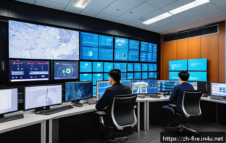 화재안전관리 실무에서 중요한 기술적 발전 - A modern commercial complex fire monitoring control room filled with advanced intelligent sensors, s...
