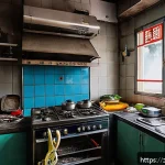 화재안전관리 이론 정리 노트 - A detailed scene of a modern Chinese home kitchen showing common fire hazards: aged electrical wirin...