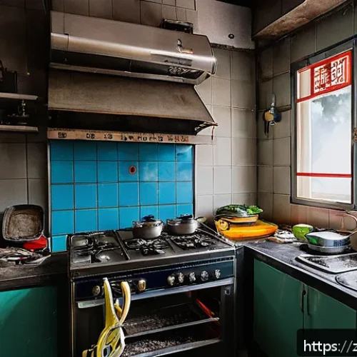 화재안전관리 이론 정리 노트 - A detailed scene of a modern Chinese home kitchen showing common fire hazards: aged electrical wirin...