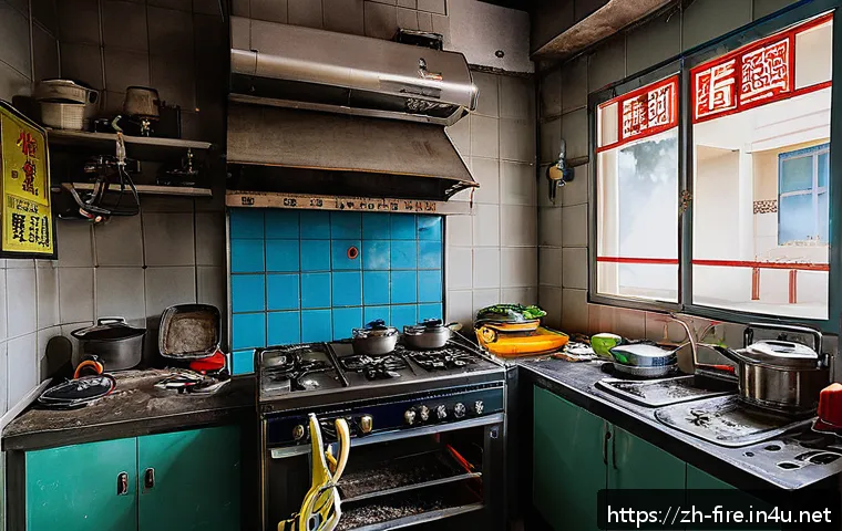화재안전관리 이론 정리 노트 - A detailed scene of a modern Chinese home kitchen showing common fire hazards: aged electrical wirin...