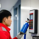 화재안전관리기술자 초급자와 숙련자의 업무 차이 - A detailed scene of a junior fire safety technician performing routine equipment maintenance in a mo...