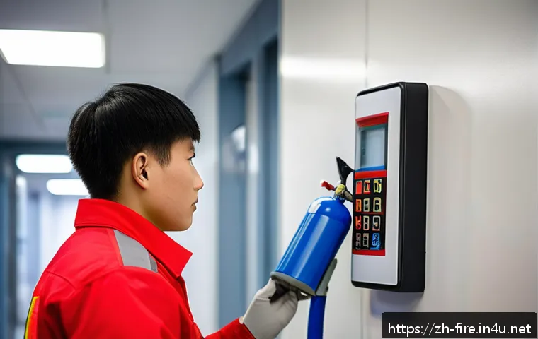 화재안전관리기술자 초급자와 숙련자의 업무 차이 - A detailed scene of a junior fire safety technician performing routine equipment maintenance in a mo...