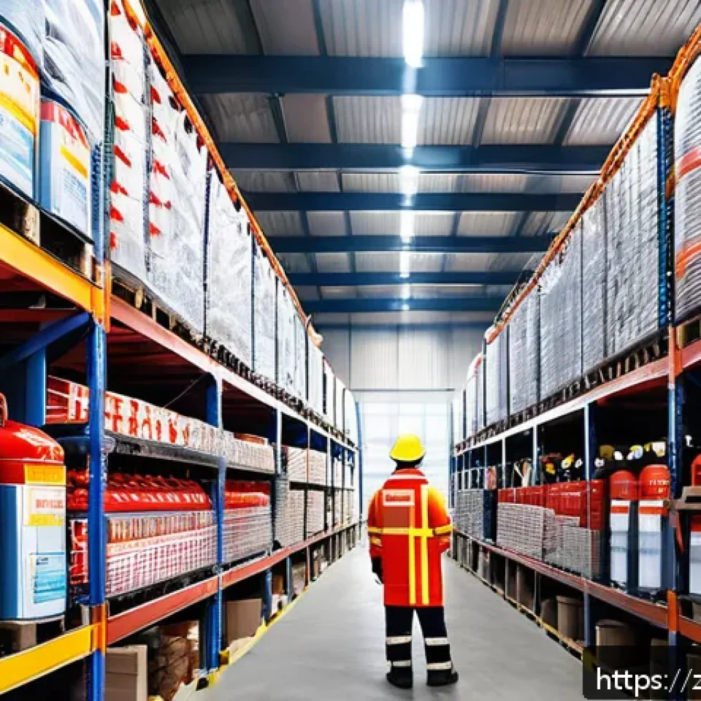 화재안전관리 실무와 관련된 주요 법령 요약 - A modern industrial warehouse interior scene focused on fire risk management: detailed stacks of fla...