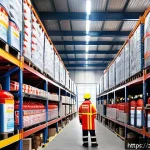 화재안전관리 실무와 관련된 주요 법령 요약 - A modern industrial warehouse interior scene focused on fire risk management: detailed stacks of fla...