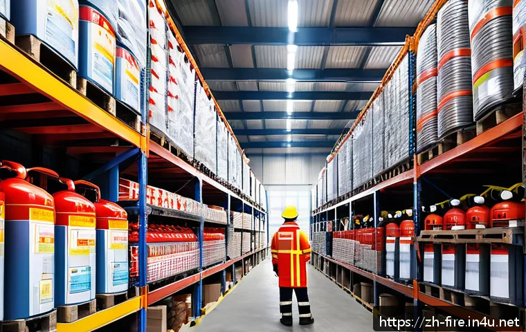 화재안전관리 실무와 관련된 주요 법령 요약 - A modern industrial warehouse interior scene focused on fire risk management: detailed stacks of fla...