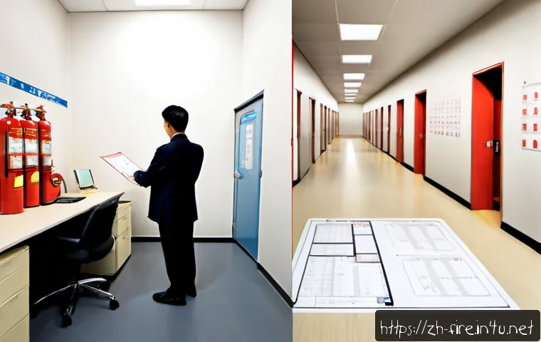 화재안전관리 이론과 실무의 차이 - Photorealistic split-scene comparison of fire safety management theory and practical work: left side...