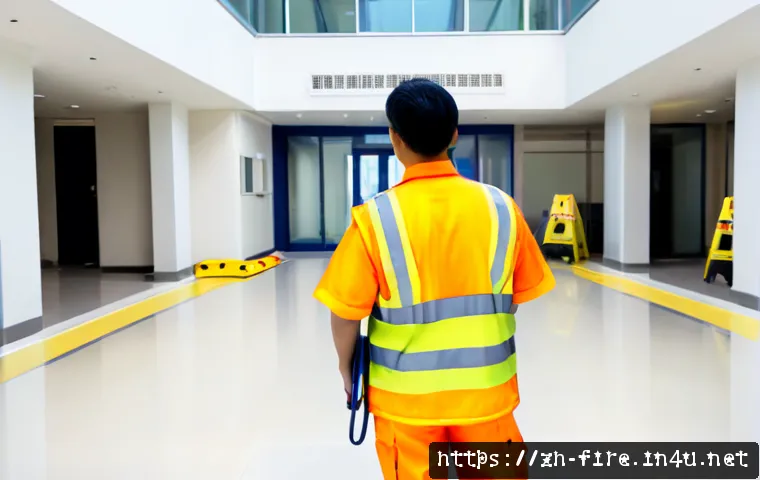 화재안전관리기술자와 소방시설관리사의 차이점 - Photorealistic comparison scene in a modern commercial building, a fire safety management technician...