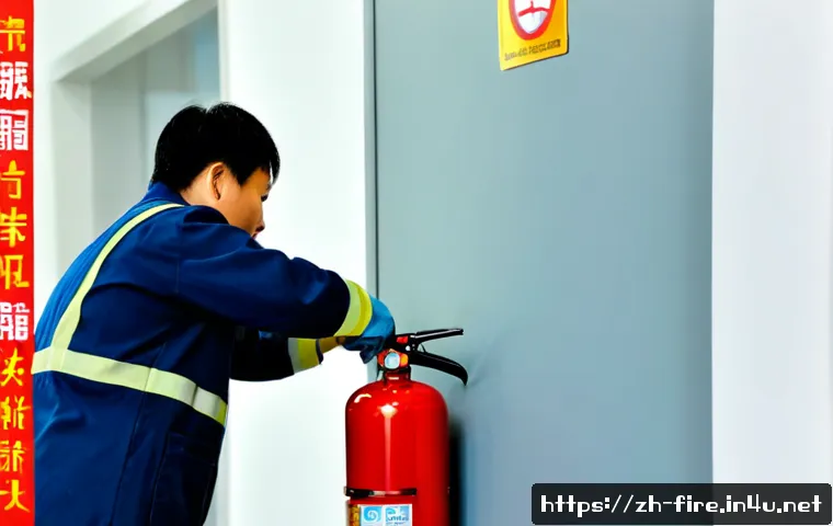 화재안전관리 실무에서의 문제점 및 해결책 - Photorealistic fire safety inspection in a modern commercial building corridor, a trained safety man...